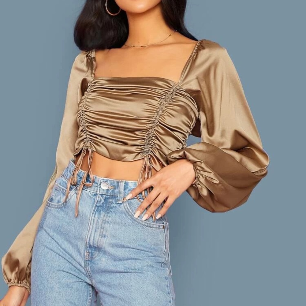 Drawstring Ruched Front Shirred Back Satin Top